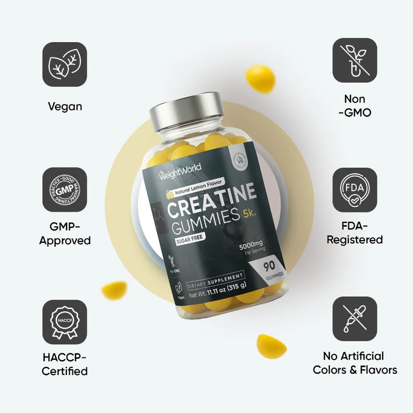 WeightWorld Creatine Gummies 5K 5000mg Sans Sucre – 90 Gummies Saveur Citron