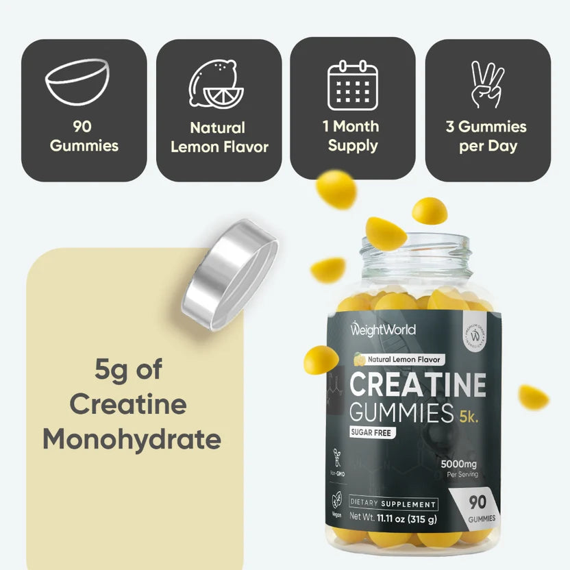 WeightWorld Creatine Gummies 5K 5000mg Sans Sucre – 90 Gummies Saveur Citron
