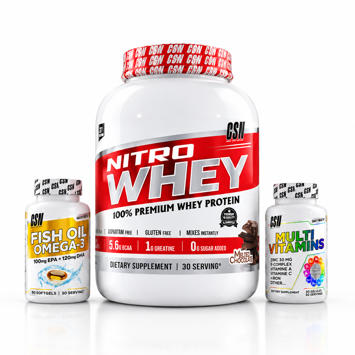 Pack GSN Nitro Whey Protein, Fish Oil Omega-3 30caps et Multivitamins 30caps