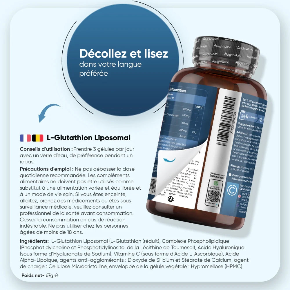 Glutathion Liposomal Réduit 1000mg | Vitamine C + Acide Hyaluronique | WeightWorld 90 Gélules – Muscle Nutrition