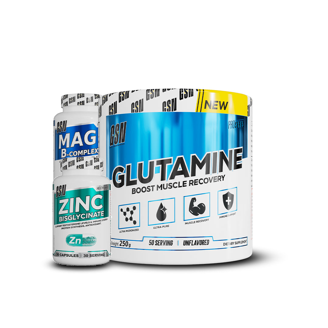 Glutamine 250g  + Mag + Vita B complex 30 caps + Zinc bisglycinate 30 caps