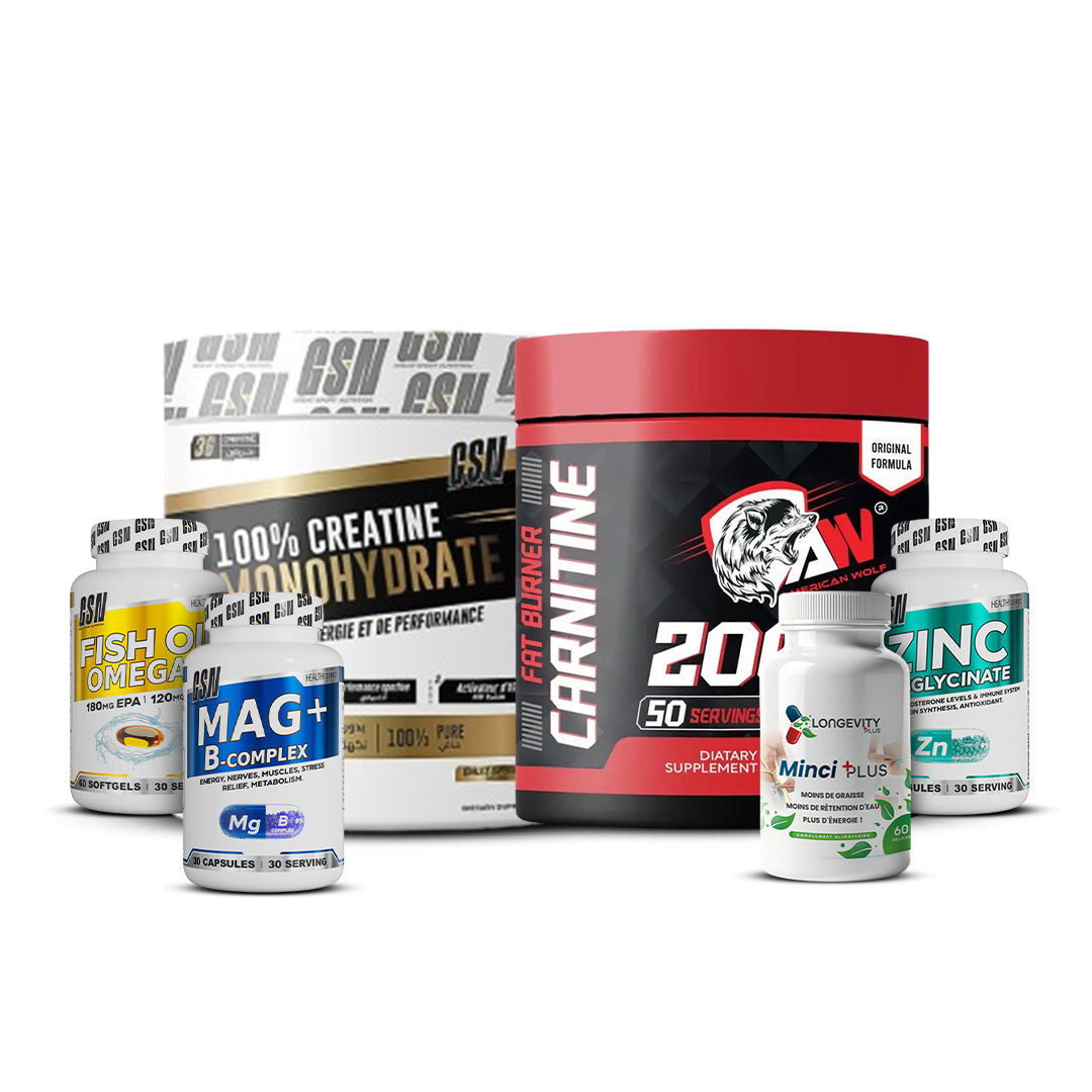 Minci plus + L-carnitine American wolf + Creatine 200g gsn + omega 3 fish oil gsn  + zinc bisglycinate gsn  + Magnésium gsn
