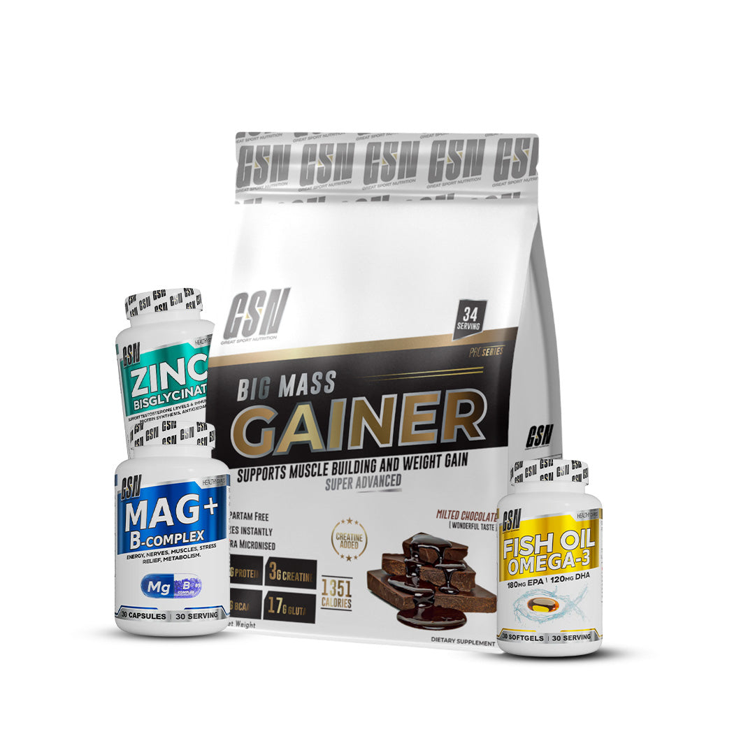 Big mass gainer 6kg + omega 3 30 caps + Zinc 30 caps + magnesium 30 caps GSN