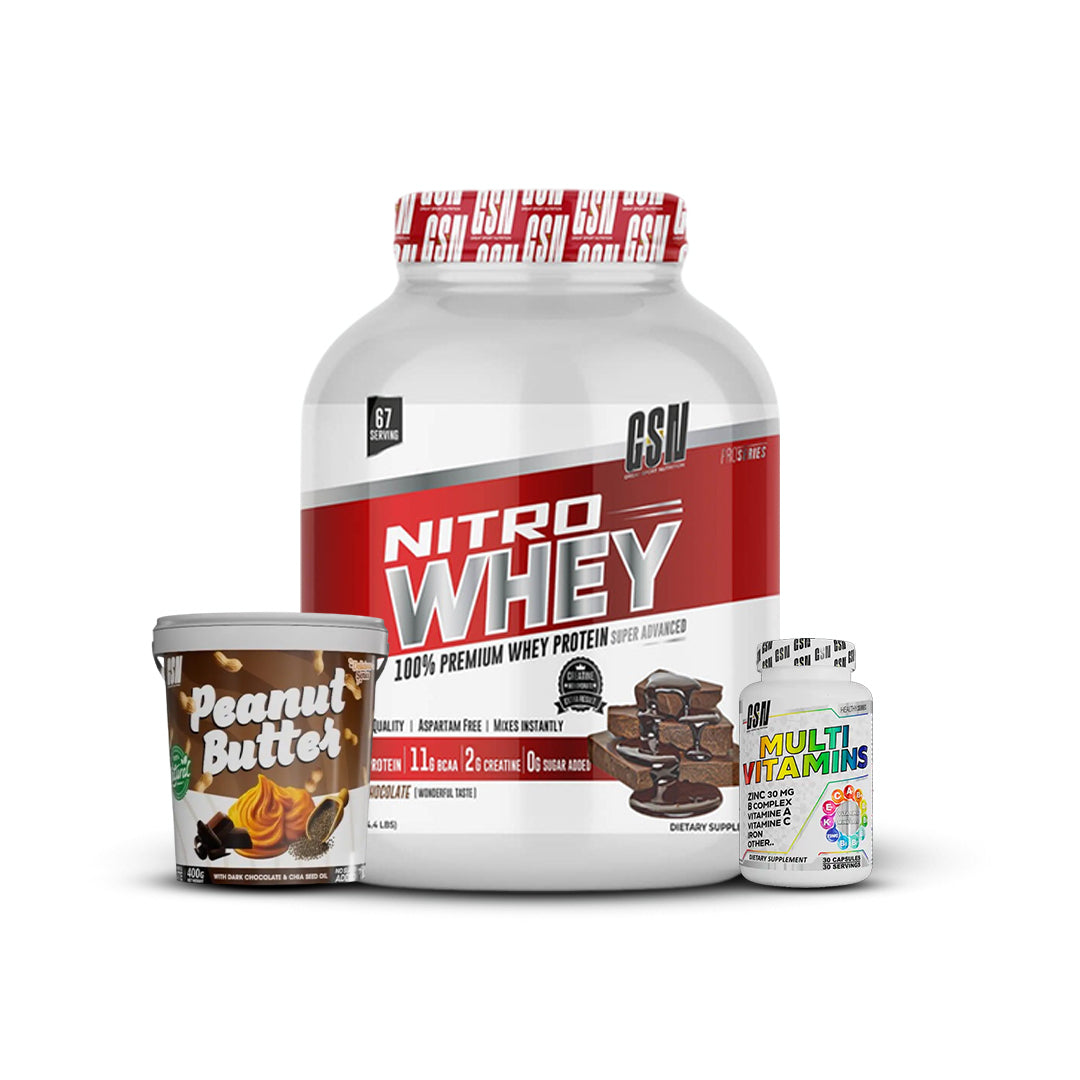 Nitro whey gsn + multivitamin gsn + peanut butter