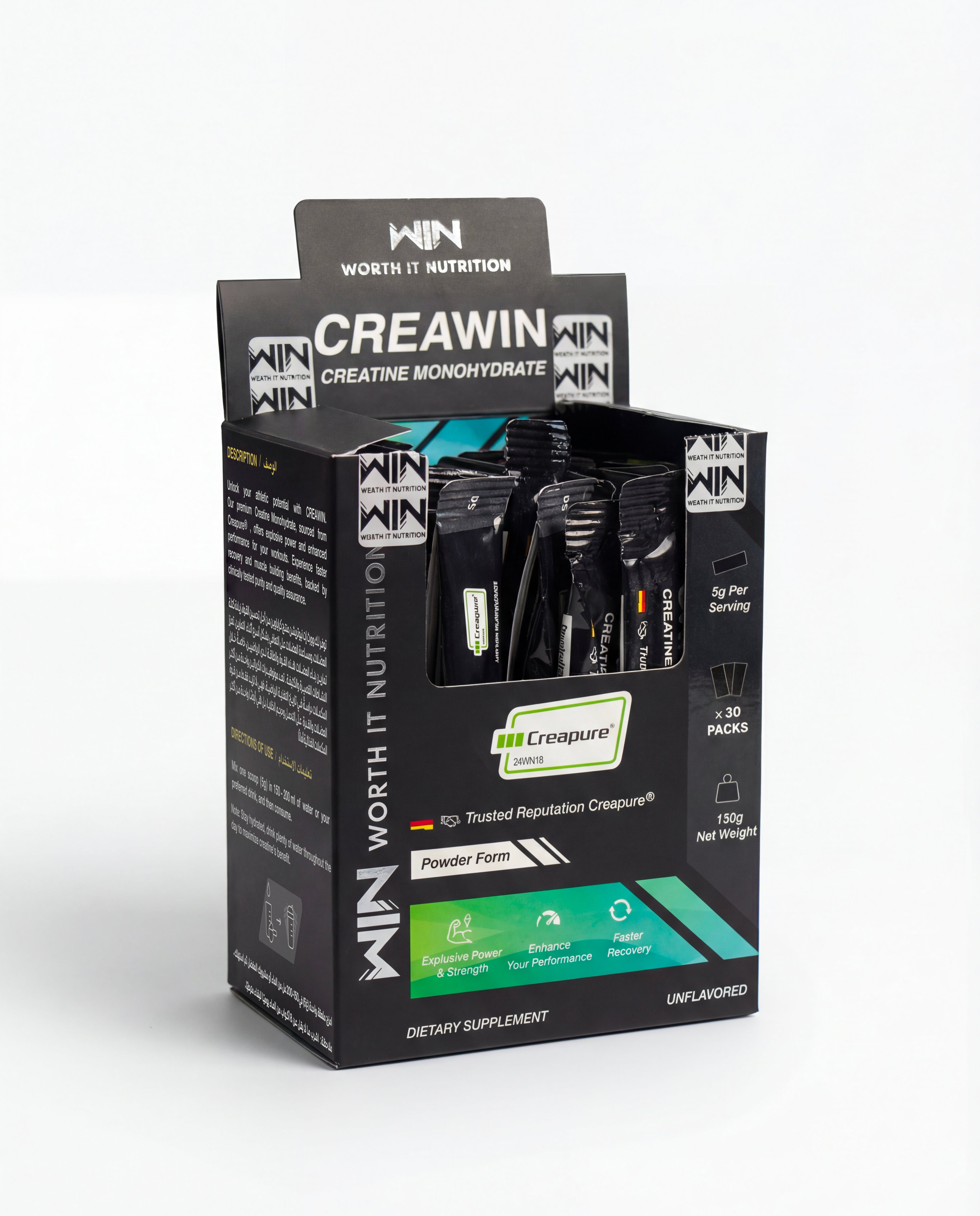 CREAWIN – Créatine Monohydrate Creapure® en Poudre | Force & Performance | 30 Sticks x 5g