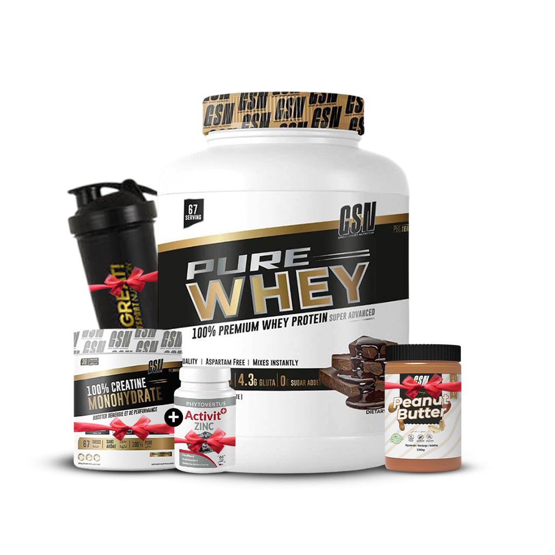 Pure Whey GSN 2kg + Creatine GSN 200g + zinc + Peanut butter + Shaker 500ML