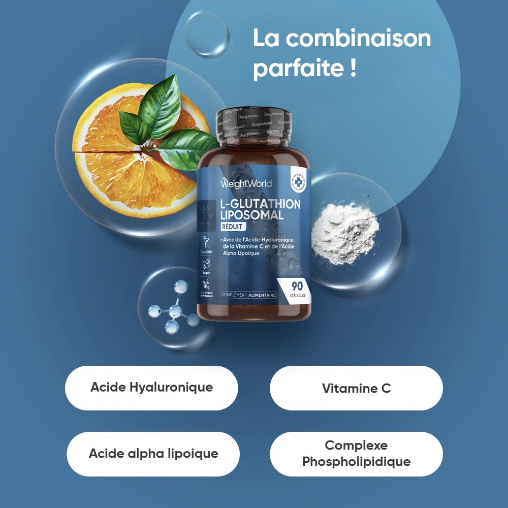 Glutathion Liposomal Réduit 1000mg | Vitamine C + Acide Hyaluronique | WeightWorld 90 Gélules – Muscle Nutrition