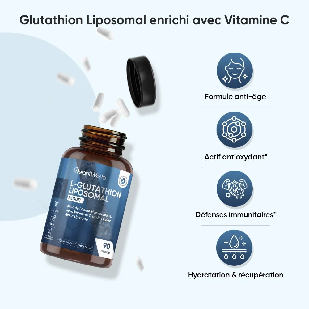Glutathion Liposomal Réduit 1000mg | Vitamine C + Acide Hyaluronique | WeightWorld 90 Gélules – Muscle Nutrition